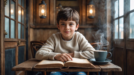 Young boy smiling while reading a book in a cafe.の素材