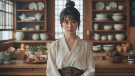 Young Asian woman standing calmly in a rustic kitchen.の素材