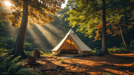 Camping tent in a sunlit forest with golden rays.の素材