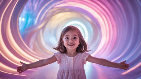 Smiling child in a vibrant abstract light tunnel.の素材