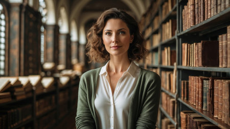 Woman standing confidently in a historic library.の素材