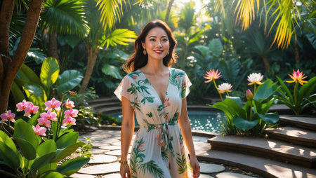 Smiling woman walking in a lush tropical garden.の素材