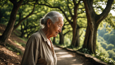 Elderly woman walking peacefully in a green park.の素材