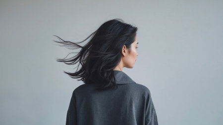 Asian woman with dark hair blowing in the wind.の素材