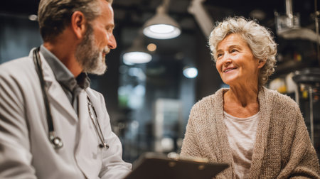 Senior woman smiling with her doctor during a consultation.の素材