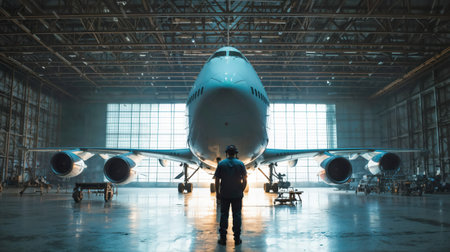 Large passenger airplane inspected by technician in spacious hangar.の素材