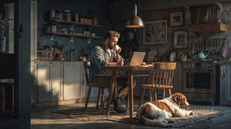 Man works on laptop and sips coffee in his cozy kitchen with his dog.の素材