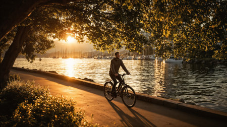 Happy man cycling along the marina at a beautiful sunset.の素材