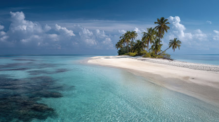 Pristine tropical island beach with palm trees and clear blue ocean.の素材