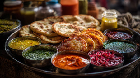 Delicious Indian thali with naan, paratha, and flavorful curries.の素材