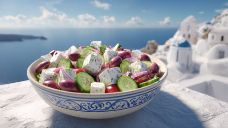 Fresh Greek salad served with a stunning Mediterranean island view.の素材