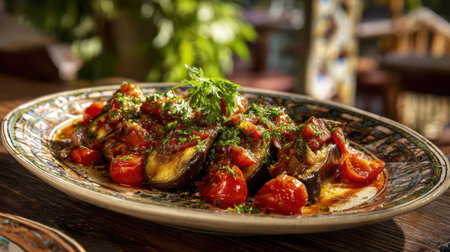 Vibrant baked eggplants with juicy tomatoes and fresh green herbs.の素材
