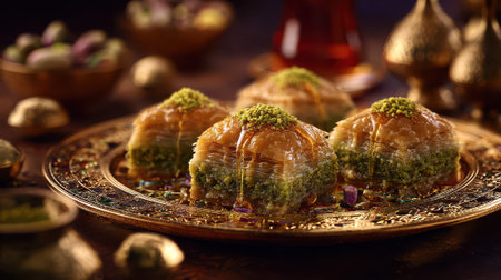 Traditional Turkish baklava served with pistachio topping and syrup.の素材