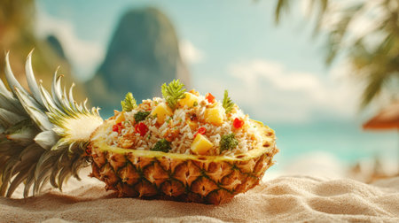 Tropical pineapple fried rice served on a beautiful sandy beach.の素材