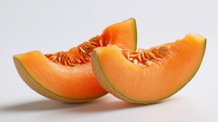 Fresh cantaloupe slices displayed on a clean white background.の素材