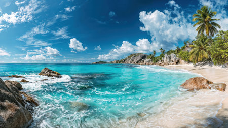 Seychelles Beach Waves Crashing on Idyllic Tropical Shore.の素材