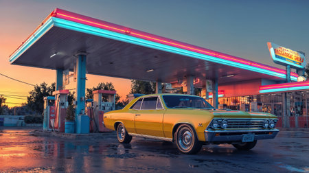 Yellow classic car parked at retro gas station with neon glow at dusk.の素材