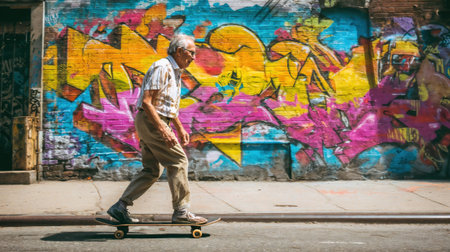 Elderly man skateboards with youthful spirit against vibrant graffiti.の素材