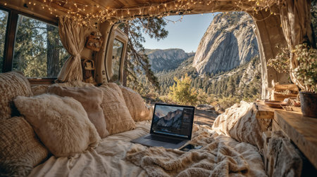 Van life traveler works remotely with stunning mountain view.の素材