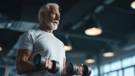 Senior man lifts dumbbells with determination in modern gym.の素材