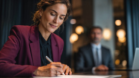 Businesswoman writes during a formal business meeting with focus.の素材