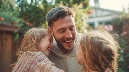Father and daughters laugh together in a happy garden moment.の素材