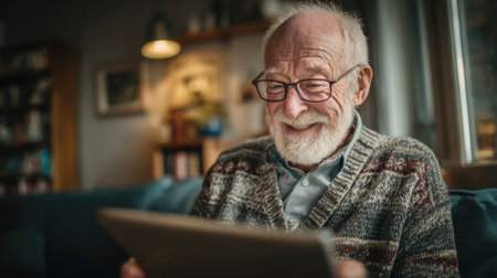 Elderly man smiles while using digital tablet at home.の素材