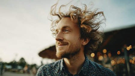 Man smiles and looks away with windblown hair outdoors.の素材