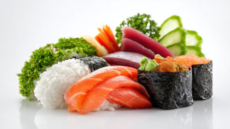 Assorted Sushi and Sashimi Platter on a White Background.の素材