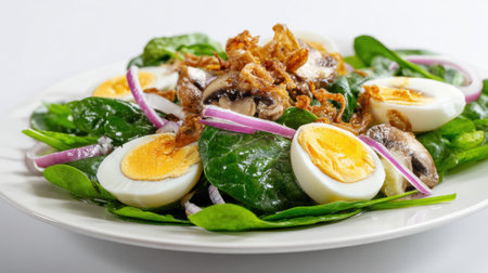 Fresh Spinach Salad with Hard-Boiled Eggs and Crispy Onions.の素材