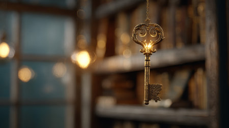 Antique Golden Key Gleaming in a Mysterious Old Library.の素材
