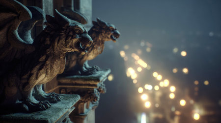 Stone gargoyles peering into mysterious night with glowing lights.の素材