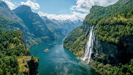 Dramatic Norwegian fjord landscape with cascading waterfall flowing into turquoise water surrounded by steep green mountains and blue sky.の素材