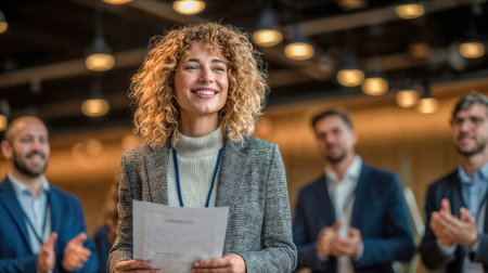 Happy professional woman with curly hair holding certificate at corporate event while colleagues applaud, celebrating achievement in modern business setting.の素材