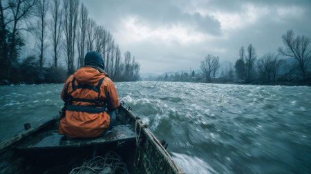 Person in orange jacket navigating wooden boat through rushing river waters with bare winter trees and mountains in moody atmosphere.の素材