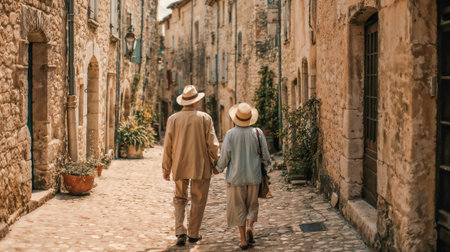 Elegant senior couple holding hands while strolling through charming narrow cobblestone street in historic European village during summer vacation.の素材