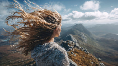 Woman with windswept hair standing on mountain peak overlooking dramatic highland landscape under cloudy sky with atmospheric lighting.の素材