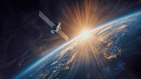 Satellite orbiting Earth in space with dramatic sunrise creating sunburst effect over planet atmosphere and city lights visible below.の素材