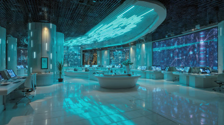 Futuristic tech control center with cyan lighting, digital displays, holographic ceiling and modern workstations in sleek blue environment.の素材