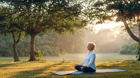 Senior woman meditating peacefully on yoga mat in serene park at sunrise, wellness and mindfulness concept for healthy aging and outdoor fitness practice.の素材