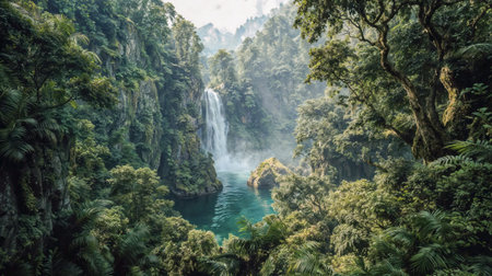 Majestic waterfall cascading into turquoise pool surrounded by lush tropical rainforest with dense vegetation and misty atmosphere in pristine natural environment.の素材