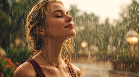 Beautiful woman with closed eyes enjoys refreshing rain shower outdoors in golden sunlight with water droplets on glowing skin.の素材