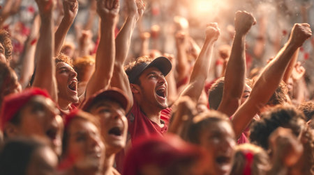 Passionate sports fans celebrating victory with raised fists and cheering in stadium crowd, wearing team colors under golden sunlight.の素材