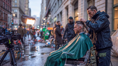 Street barber cutting hair outdoors on city sidewalk while film crew records scene with professional camera equipment.の素材