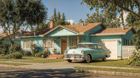 Charming turquoise vintage house with classic retro car parked in driveway featuring white picket fence and lush garden.の素材