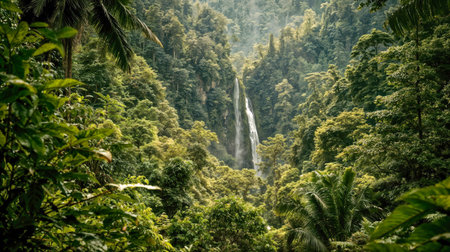 Lush tropical rainforest waterfall cascading through dense green jungle vegetation with palm trees and ferns in natural paradise landscape.の素材