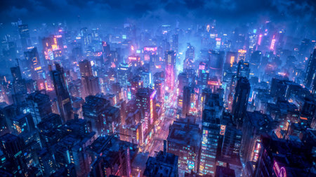 Futuristic cyberpunk city skyline at night with neon lights, skyscrapers and vibrant purple pink blue illuminated buildings in urban metropolis.の素材