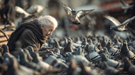 Elderly woman feeding large flock of pigeons in urban plaza with birds flying around her in peaceful contemplative moment of connection with nature.の素材