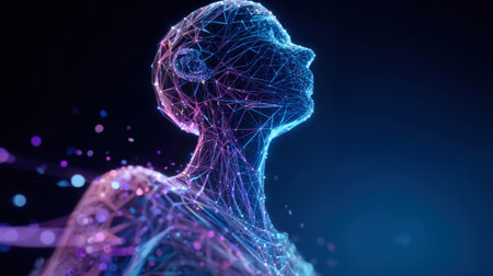 Wireframe human head profile with glowing pink and blue network connections representing artificial intelligence and digital consciousness technology concept.の素材