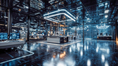 Modern futuristic tech showroom interior with holographic displays, glass walls, blue ambient lighting, sleek architecture, and interactive digital interfaces.の素材